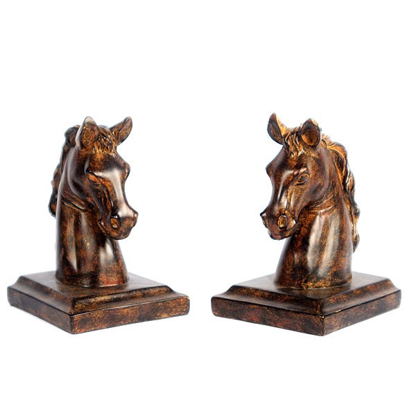 Horse Head Bookends Set 2: The Horse Head Bookends from AFD exude a stately elegance in their design. Stoic horse heads molded in fine detail with a worn leather looking hand painted finish over a composite mold. Weighted to ho