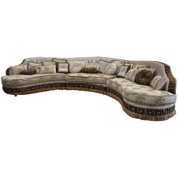Orianna Grande Sectional: One of the most incredible sectionals in the Market! Oversized Incredible Statement comes in 3 Pieces with Elegant Silver Velvet and Chocolate Brown Trims. Sectional is finished with fringework and a