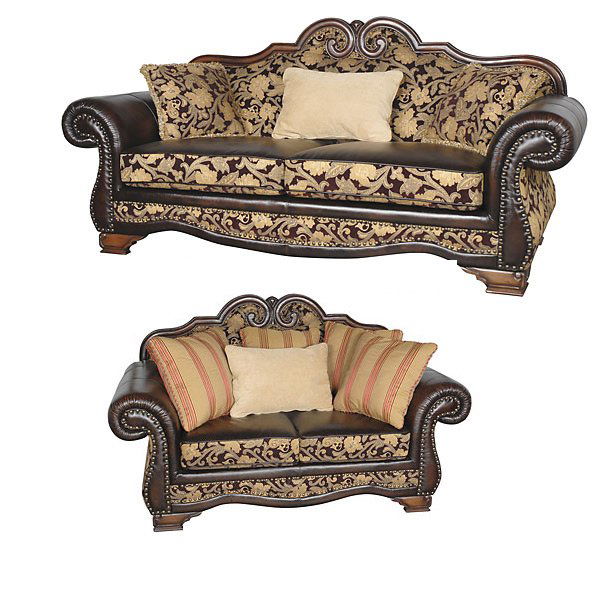 BEST SELLER! Palermo Leather Sofa Set of 2: The Palermo leather living room set includes a sofa and loveseat both pieces for your purchase price! Great for the formal or informal living room as it features both leather and fabric accented by wo