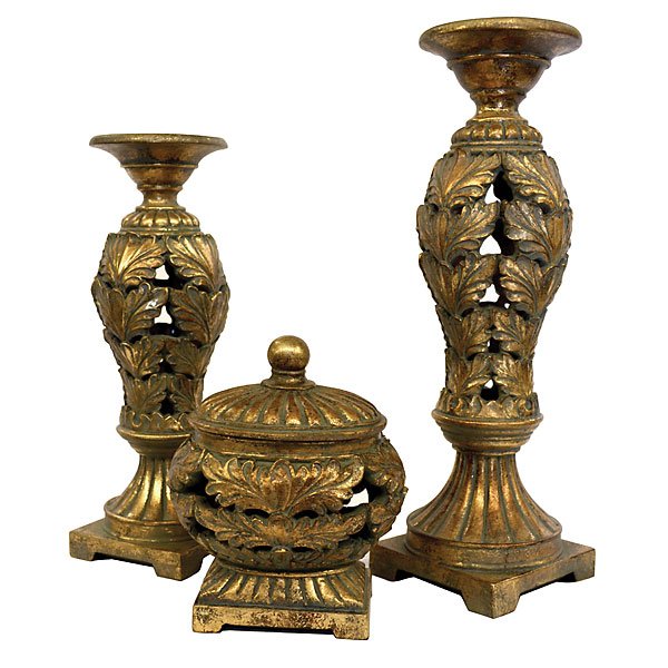 Silouette Leaf - Set of 3: The elegant cut away design along with the scrolled leaf give this antiqued gold finished set its classic beauty. Beauty, Charm, and Elegance in any home