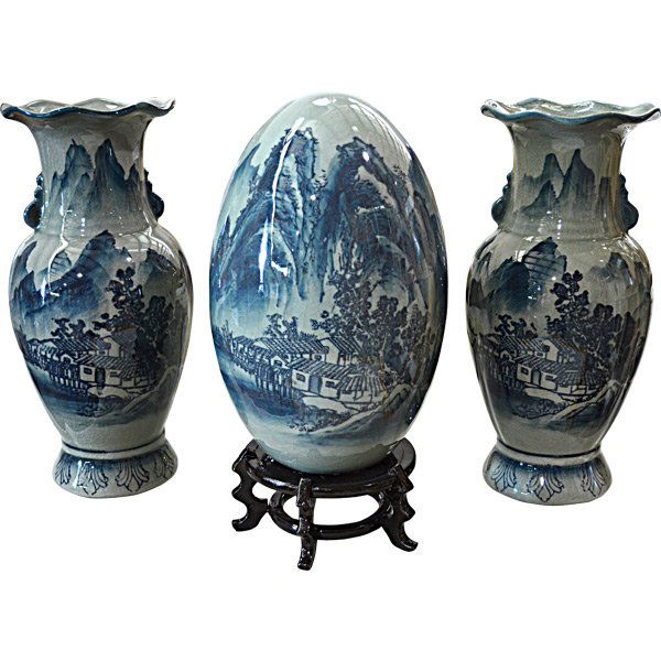 Vase & Egg - 3pc Set: Great Gift Item! Constructed in porcelain, two vases and one egg on stand done in pretty cobalt and royal blue. Comes in decorative gift box. VASE - 7 DIA X 13.5H - EA EGG - 7 DIA X 14H