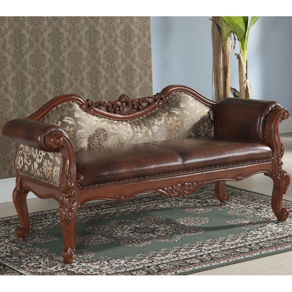 Leather Cruelled Silk Bench: Beautiful Bed Bench or window bench features carved low back design with high quality leather seating and floral pattern silk back.