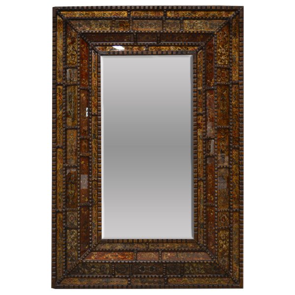 Peruvian Cloisonne Mirror: The Peruvian Cloisonne Mirror is hand-crafted in reverse peruvian painted glass. The process of hand painting using water colors on one side of a piece of glass and then inlaying it backwards on to a 
