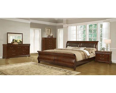 Marvin Sleigh Bed King set-5: This elegant solid wood, wood veneer king-size bedroom set would enrich your home with a touch of luxury. Featuring a king size bed, two nightstands, a dresser and a striking mirror. The Marvin bedroo