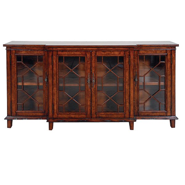 Chester Burl Sideboard: A great sideboard or console with glass front thirteen colony design. Great Value and Size! Burl design. 72L X 15D X 37H