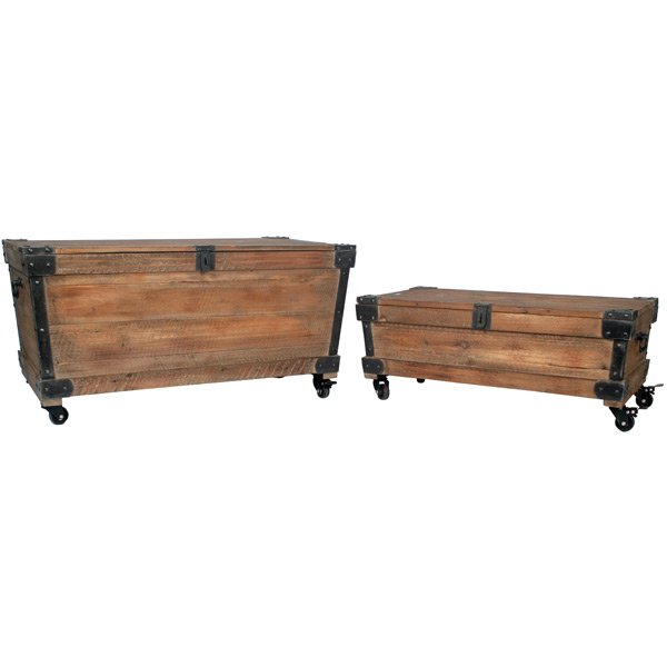 Industrial Cedar Trunk -Se: Dimensions: Large trunk 37 x 21 x 19; Small trunk 31.5 x 17 x 13 - - Wood Construction - Iron Handles & Wheels - Trunks nest insde each other - Hasp Close