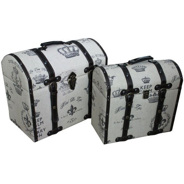French Traveler Trunk Set of 2: Dimensions: LARGE - 18L X 10.5D X 16H; SMALL - 14.5L X 7.5D X 14H - Crafted in a parisian style these white trunks with black accent wording and logos gives you the feel of a european adventure. Great