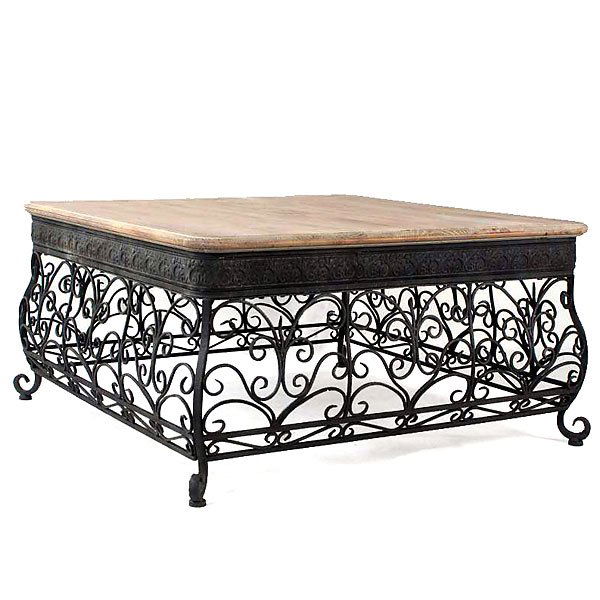 Aged Iron & Wood Coffee Table: Dimensions: 40 SQ X 20.5H - Weight: 46 lbs With a top made from recycled wood and the base from a beautifully black scroll iron lends itself to a Spanish Hacienda