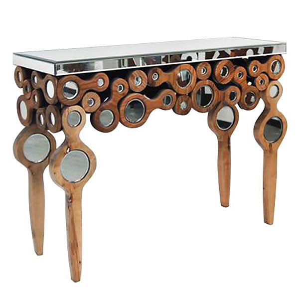 Mingled Wood Console: Dimensions: 47.5L X 16D X 36H Constructed of hand cut wood and mirror with smooth finished edges this is console becomes an object of art - sold seperately is the matching Mirror