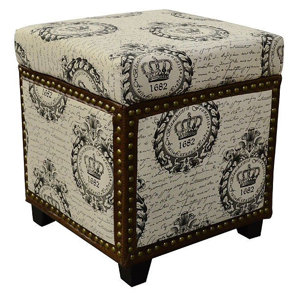 French Storage Ottoman: Dimensions: 16.5L X 17D X 19H Designed to give the appreance of an old shipping trunk - Decorative linen fabric exterior with accents of black leather straps and brass nailheads - wooden feet - a blac