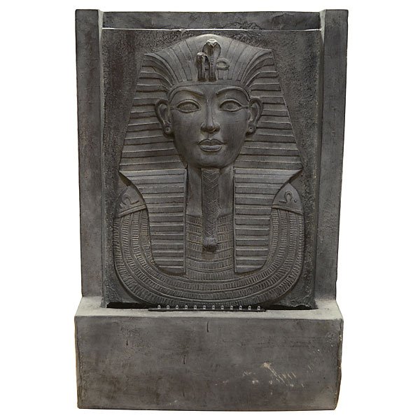 Illuminated Egyptian Fountain: Dimensions: 18W X 6.5D X 26.5H This fountain in a great piece for the patio or lania - made of a resin composite in a charcoal stone finish - good for indoor or outdoor use - comes with LED lighting a