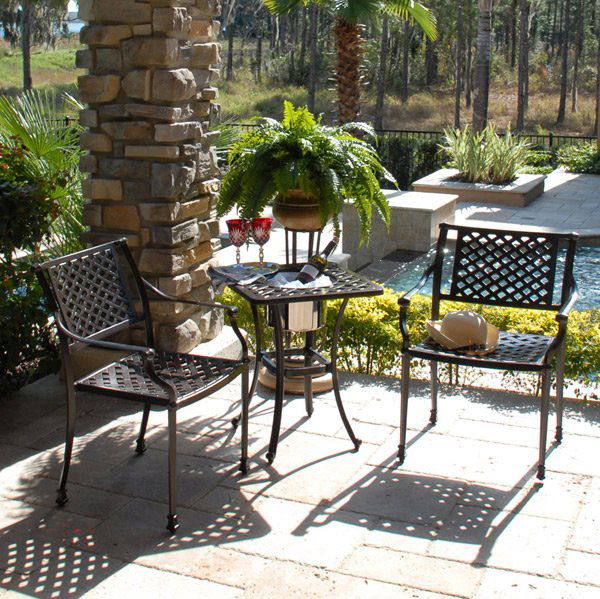 Savannah 3pc Bistro Set: This cast aluminum bistro set turns an everyday patio into an attractive and cozy space. The cross weave pattern creates an trellis design on the backs of the chairs. This set will transform your porc