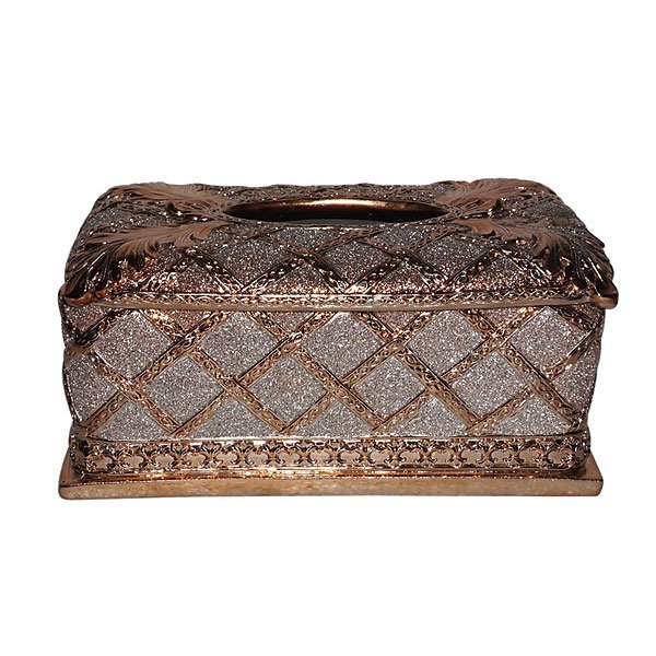 Rose Diamonite Tissue Box: An 10.5" wide elegant tissue holder from our larger Diamonite collection. This item is hand made featuring a combination of strinking rose metal plating over a ceramic body and is accented with a Rhin