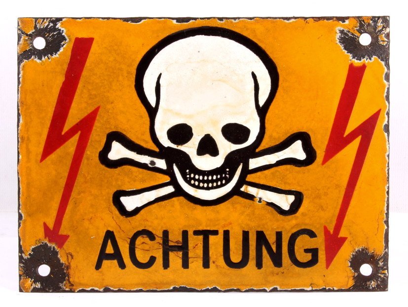 NAZI WWII LAND MINE WARNING SIGN OCCUPIED POLAND: This is a porcelain enamel "Achtung" (meaning warning in German) sign showing a yellow/orange background with white and black skull and crossed bones with excellent red lighting bolts. The sign is bel