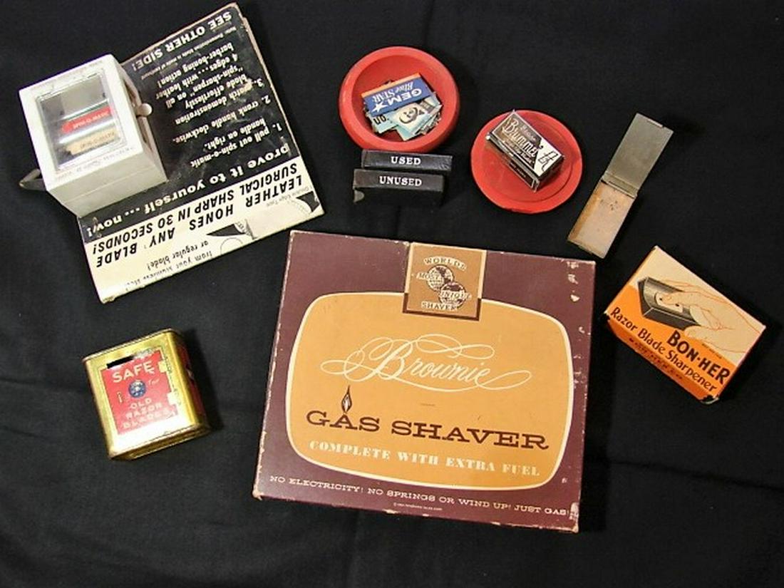 Double Edge Novelty Lot: Spin O Matic sharpener, Bon-her sharpener, Old Razor blade safe, Brownie Gas Shaver, misc soap box and blade boxes.