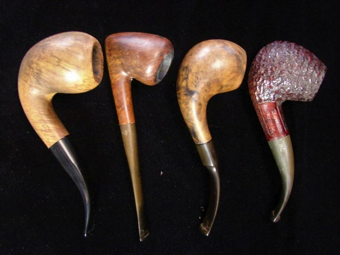 4 pipes; 1 Steve & Rosewitha, 1 GBD, 1 Butz Choquin, 1: S&R beautiful shape, replacement stem. Jarl, thin checkmark shape, oil hardened. GBD Americana nice curvy shape with brass rondell. BC Rocbrune bent shape rusticated.