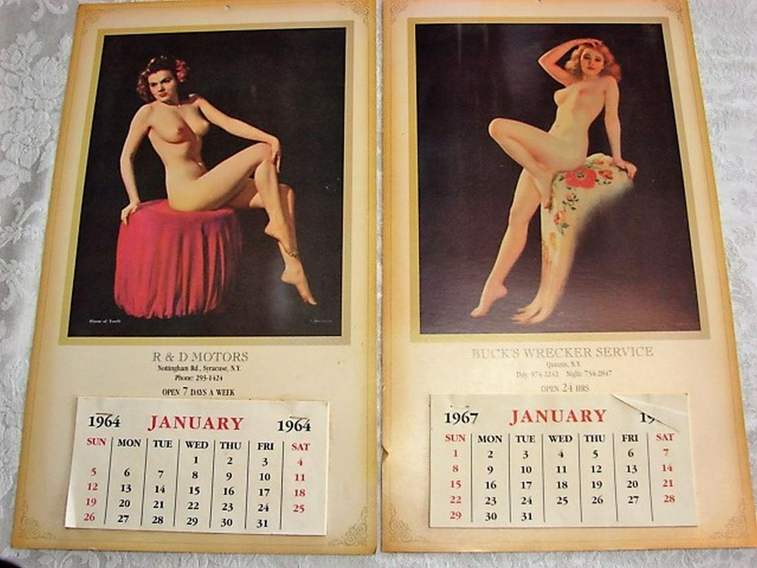 Vintage Reproduction Nudes Calendars 1964, 1967: One with art by Joseph Tomanek. Classic tasteful nude beauties. Bucks Wrecker Service, R&D Motors, N.Y. Measures 17" x 9&3/4"