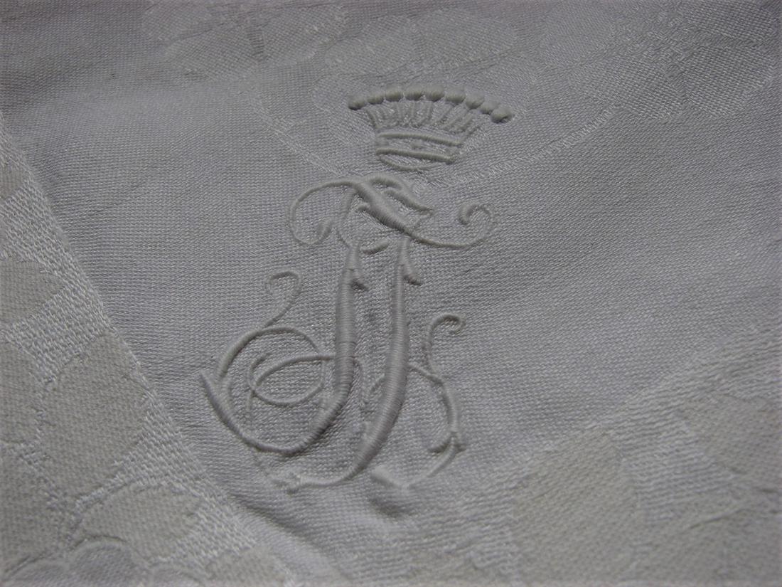 Coronet of a Count on Damask Embroidered Tablecloth: gold and white, ladder work hem, measures 66" x 68"