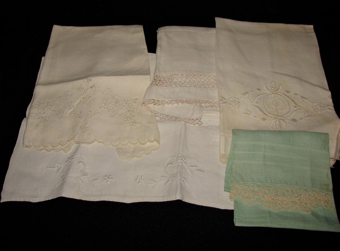 Generous lot of Fine French Linens 9 Pieces: blue and white damask tablecloth in Greek theme, fringed hand towels, small hand towels, handkerchiefs (one Madeira)