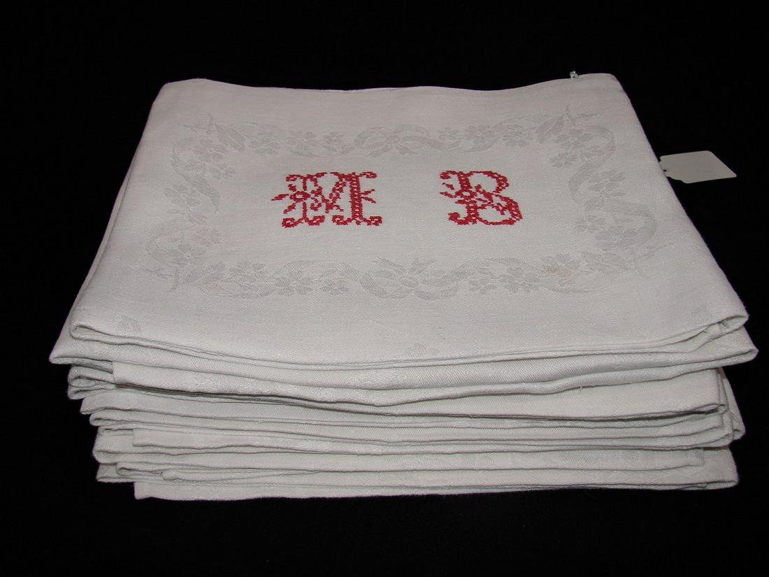 Set of 10 French Linen Damask Napkins. Serviettes with: 32" x 26", fine damask, red embroidery