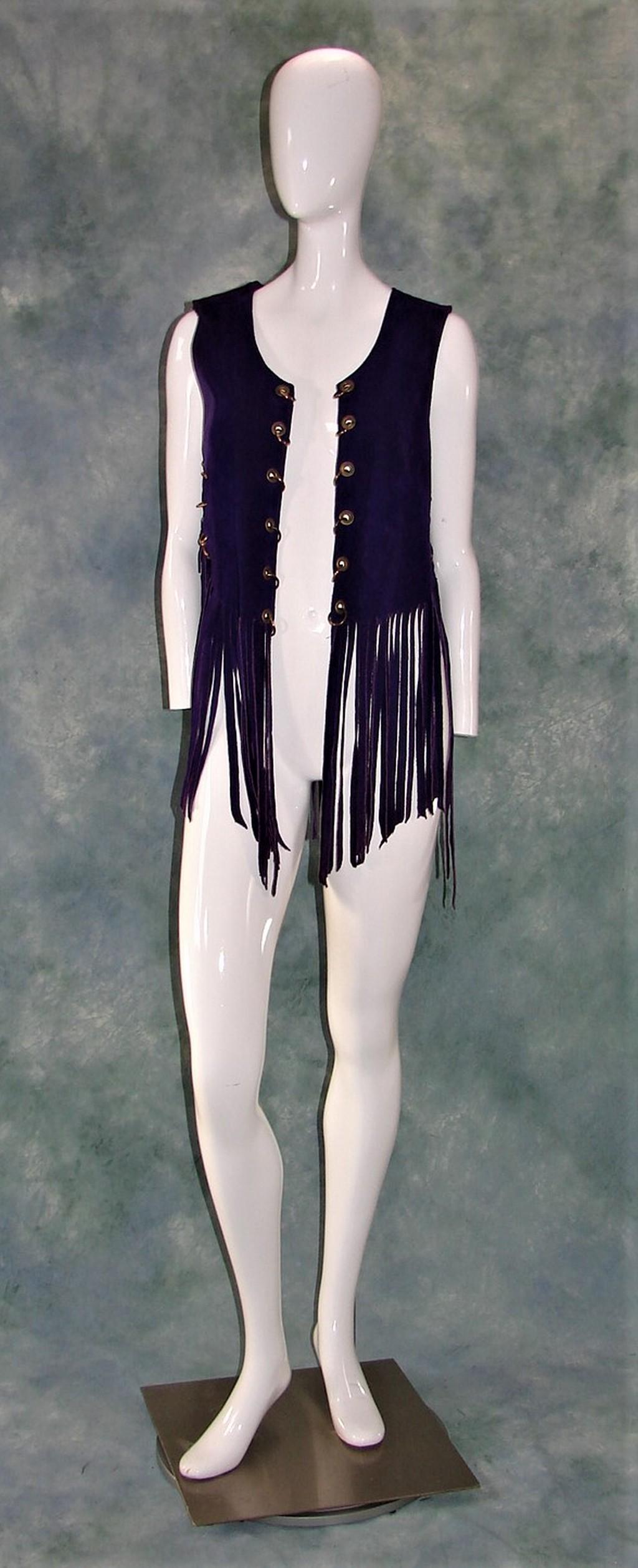 1960s Purple Suede Vest with Long Fringe: Fabulous vest constructed with three pieces of suede and joined together by golf grommets and rings, measures 28"L (fringe measures 14") X 16" shoulder to should