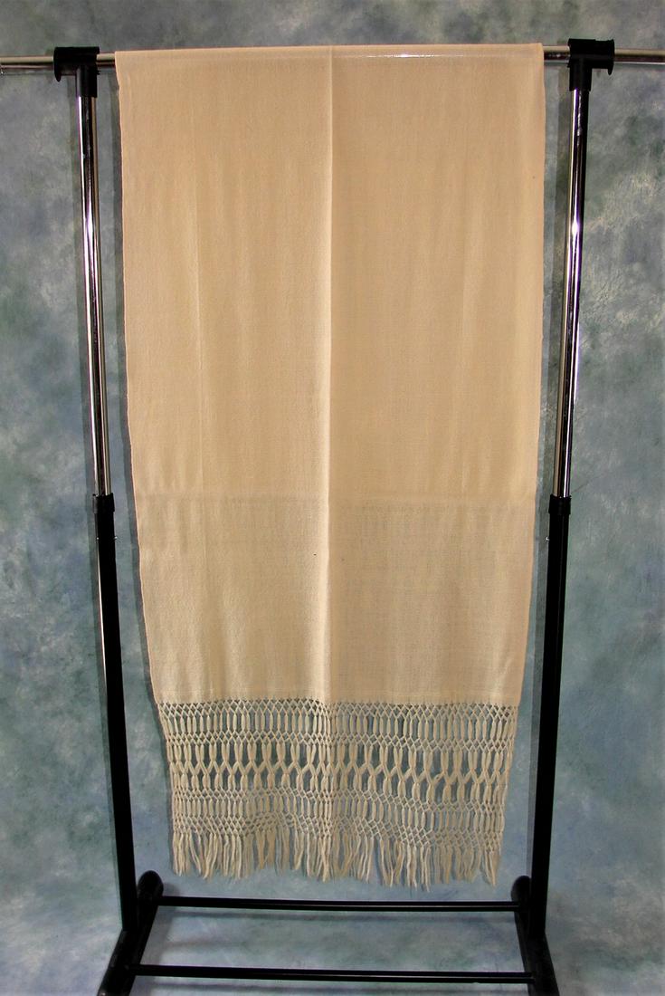 Edwardian Ladies Cream Wool Shawl Scarf: Cream wool with beautifully done openwork on the bottom, measures 97" L x 28" w