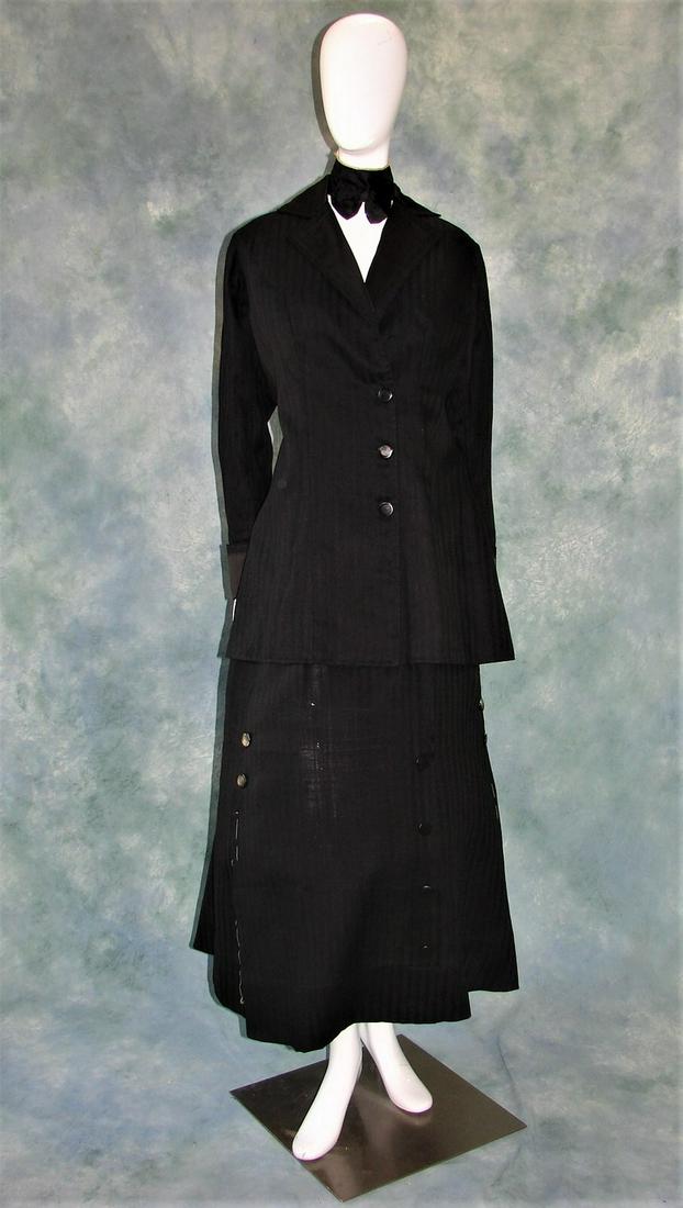 Ladies Unfinished Edwardian 3 Piece Walking Suit in: Jacket, skirt , and silk collar. Skirt is unfinished with some basting in it. Waist is not complete, included but not attached. Skirt measures 36" waist, 38.5" long. Jacket has silk lapels, is silk li