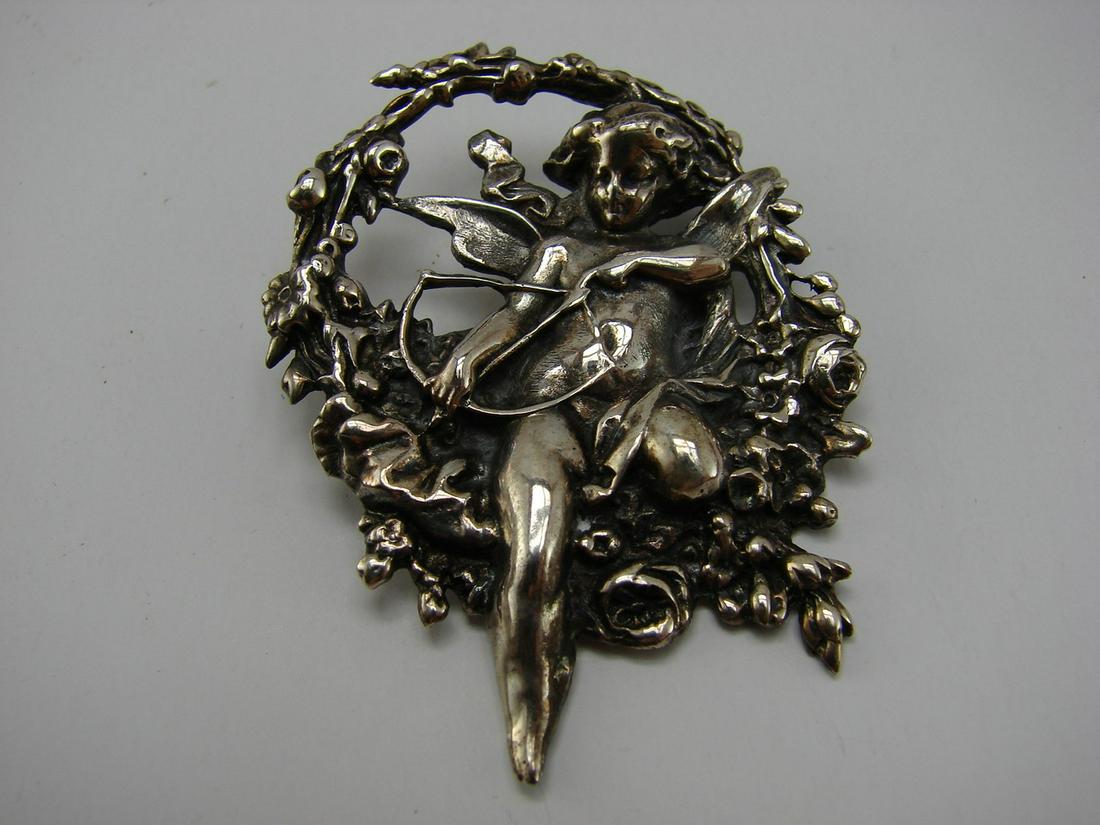 Ladies Art Nouveau Cherub with Bow and Arrow Sterling: Beautiful piece of jewelry, measures 2"L x 1.5" w and can be worn on a chain or as a brooch