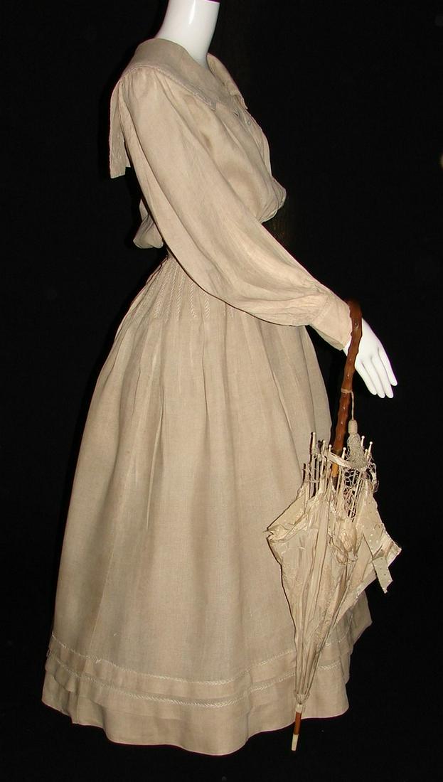 Edwardian Natural Linen Cotton 2 Piece Bustle Skirt and: natural linen with twisted cream thread embroidery work, sailor collar, anchors on shoulders, small pocket on left, anchors on back sailor collar, closes with five buttons on the left front bodice and