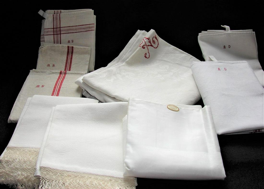 Antique French Damask Tablecloth with Embroidered: white damask tablecloth with AD embroidered in red measures 85" x 60", blue ink mark inside corner for laundering identification, NOS Monte Carlo Irish linen, 3 monogramed French linen towels "MB", 2 