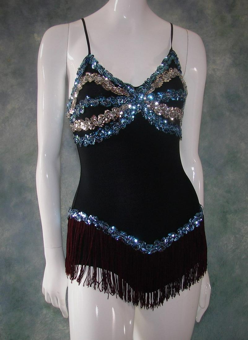 1980s Taffy's Showstoppers Showgirl Dance Costume with: Black Lycra with ice blue and silver sequins and maroon fringe, cups on the bodice are defined by the blue and silver sequins and the waist is defined by the blue sequins and maroon fringe unstretched