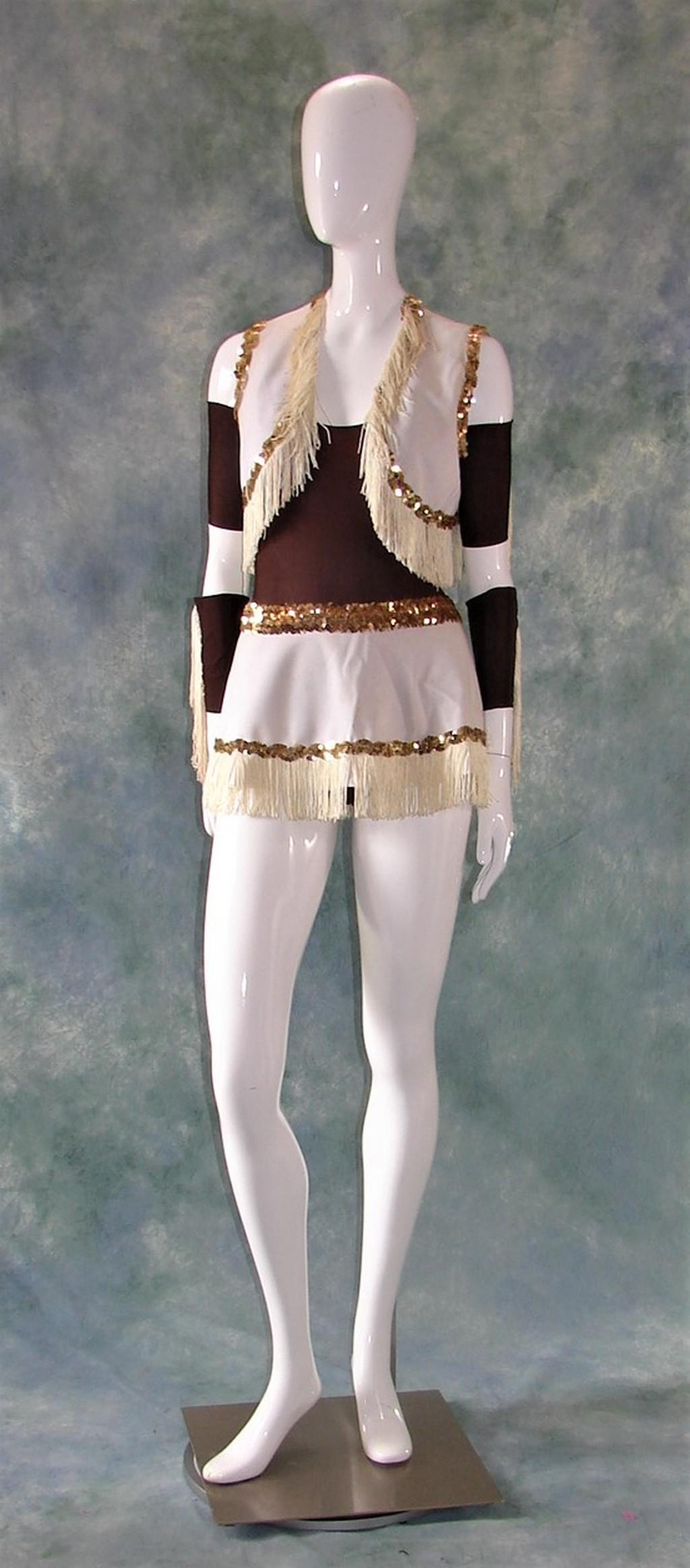1970s Seven Piece Cowgirl Professional Dance Costume in: Brown bodysuit with white skirt of gold sequins and white fringe, matching white vest and brown lycra arm bands with white fringe, marked medium bodysuit measures 26" long, 28" bust, 24" waist, jacket