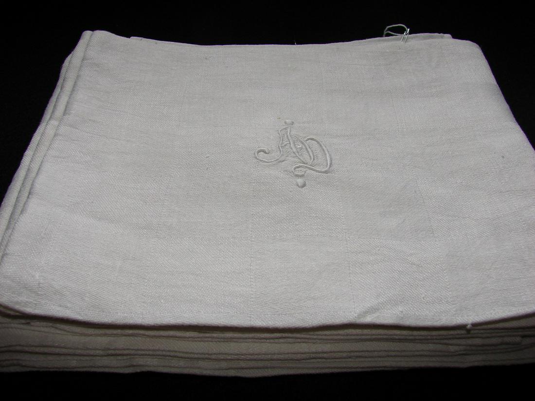 Set of Set French Damask Checkerboard Serviettes: Bourdon hand monograms, measures 30" x 26"