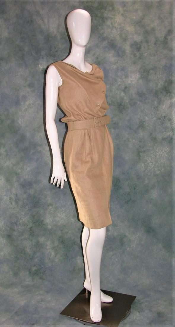 Valentino Couture Boutique Linen Shift Dress: a thick natural linen fabric, has handkerchief style front panel on bodice with four button, fitted waist, includes original belt, measures 42"L X 36" B X 26W X 38" hips, 15" shoulder to shoulder, clo