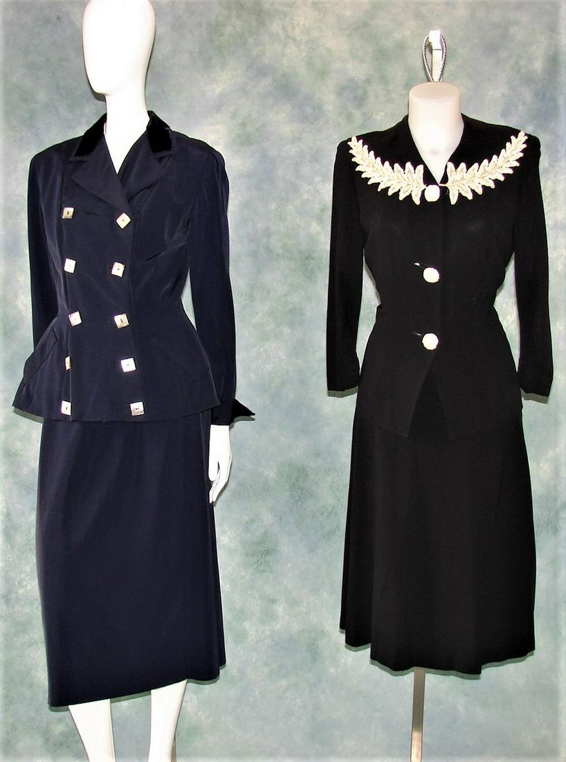 2 Ladies Navy Blue 2-Piece Silk Faille Suit Peplum: 1940s Navy blue silk Faille with Mother of Pearl shell square buttons, slanted faux pockets, peplum waist, dark blue velvet collar, jacket measures 26"L X 38B X 28"W, 38"W X 18" shoulder to shoulder, 