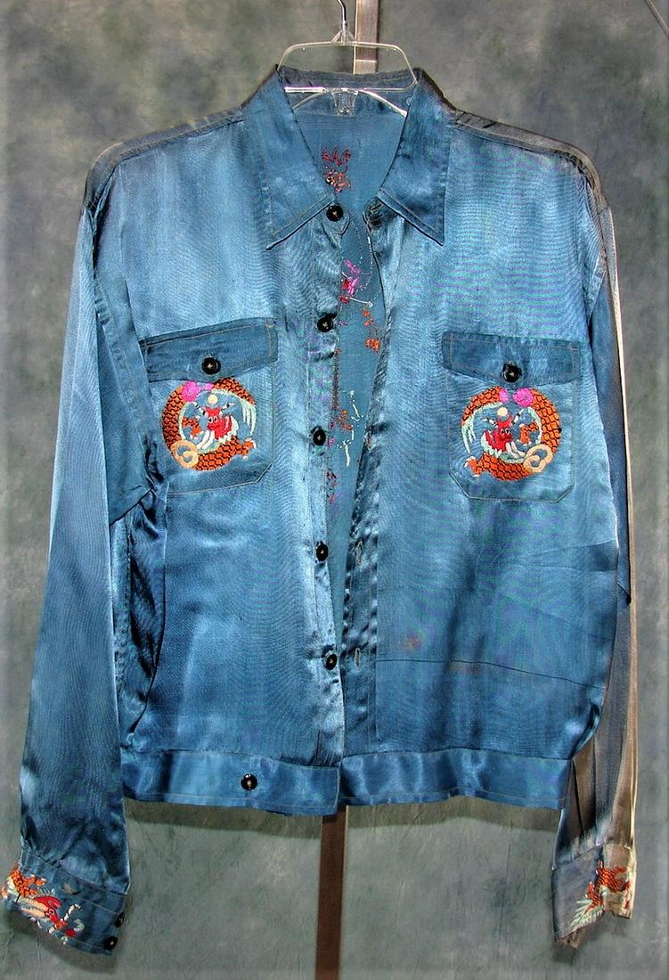 2 Vintage Jackets AS IS, 1949 Blue Shanghai China Silk: blue silk Jacket has two embroidered pockets and wrists and the entire back is embroidered with a large Peacock, self belt at waist with button, five buttons down the front and two on each wrist, meas