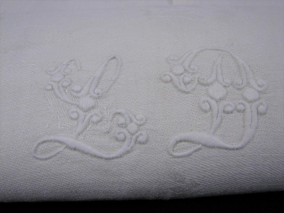 Set of Antique Four Hand Embroidered Damask Linen: measures 28" x 30"