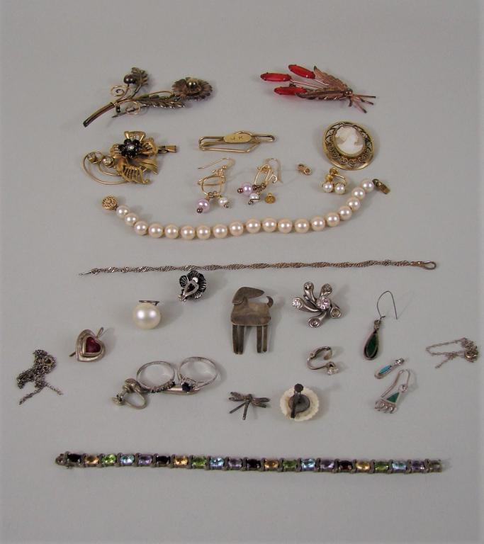 Gold Filled & Sterling Silver Vintage Lot: 4 brooches (one is a cameo), pearl earrings, pearl bracelet, one chain, and a few miscellaneous pieces, sterling is broken on one set