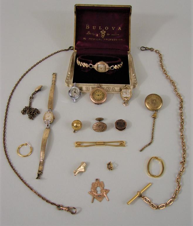 Untested Gold Toned Watches, Fobs, Etc.: 3 Ladies Wrist Watches (Bulova), 2 loose watches without bands, Elgin Pocket watch, 3 watch fobs, miscellaneous gold toned jewelry, includes Bulova Box *THIS LOT HAS BEEN UPDATED TO REMOVE THE HATIS W