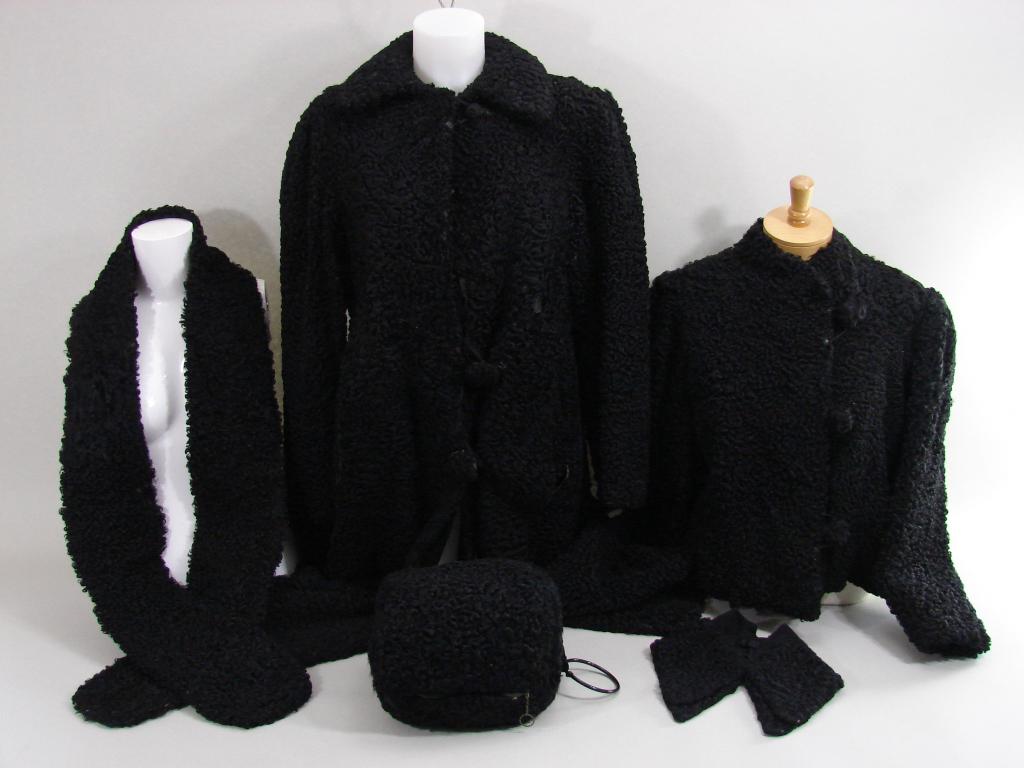 1930s 5 Piece Wool Coats/Muff: All black Persian wool, collar, very long scarf 77" L, muff with handle, one waist length jacket, one long jacketprovenance: Mabel Welton Brown estate