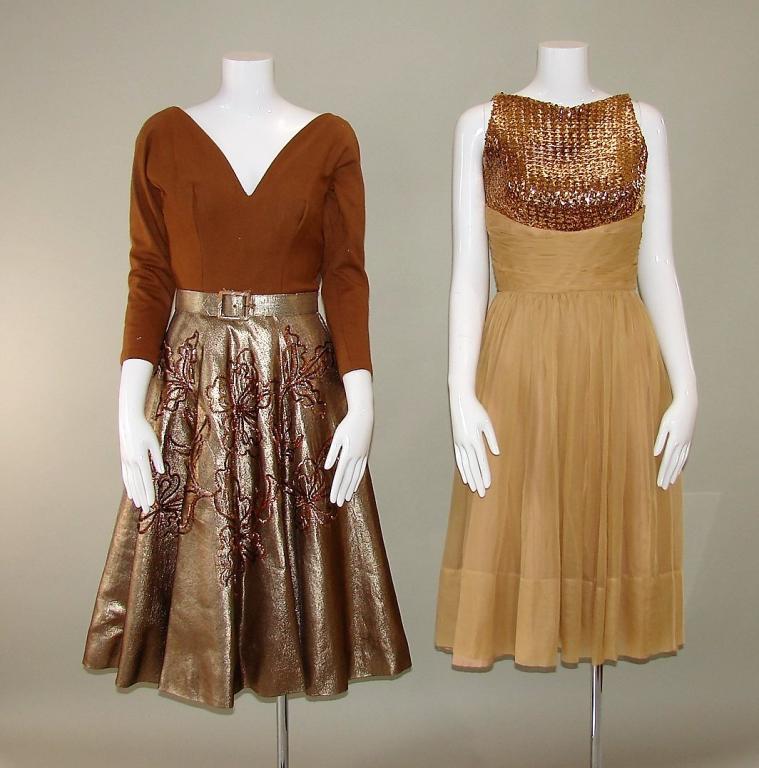2 1950s Party Dresses: 1) Gold silk chiffon and gold sequin party dress by Sophisticated Miss California, 100% metallic gold sequins 100% silk 43" L x 11" across the shoulders x 26" W x 28" H2) Gold lame and coco wool, meta