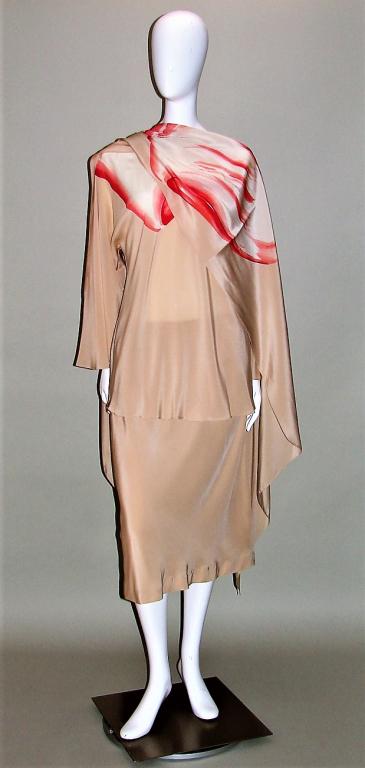 VTG Halston Silk Ensemble: 3 Piece hand printed gold silk ensemble: top, skirt, large sash or scarf, angel wing sleeves, print is pink, red, and silver, closes with a hook and eye at the back neck scarf: 83" L x 21" across top: