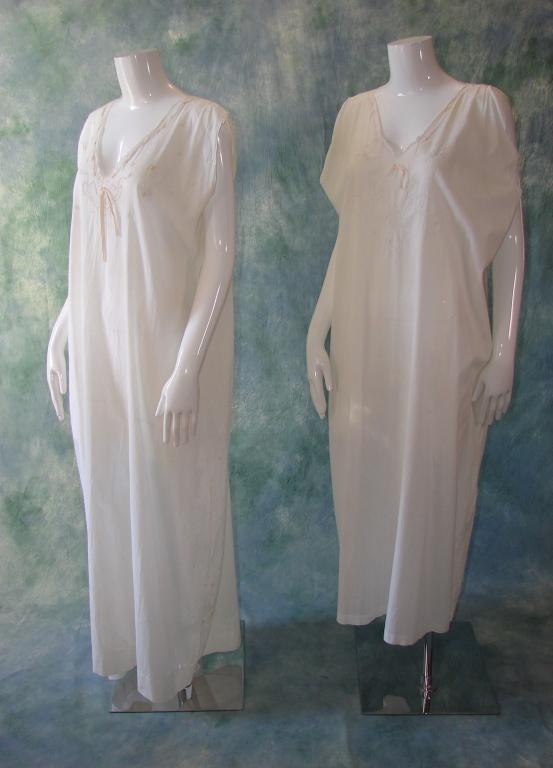 2 Vintage Edwardian Shifts or Chemises Lingerie: 2 French white chemises, both have embroidery work and ribbons 1) 48" L x 50" B x 48" W; 2) 55" L x 52" B x 48" W