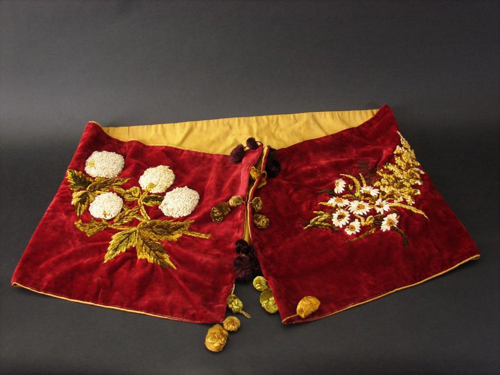 Edwardian Red Velvet, Crewel Embroidered Stole or Scarf: Edwardian embroidered silk chenille decoration of flowers and leaves with silk tassels. Lined in a gold silk.62" L x 17" W