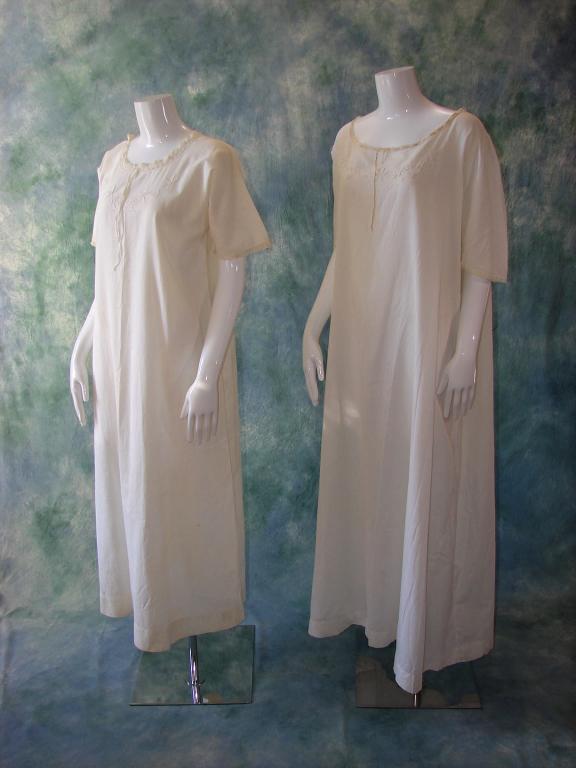2 Edwardian Embroidered Cotton Shifts: Both have embroidery on the bodice and an inserted ribbon to adjust the fit at the neck 1) 55" L x 48" B; 2) 51" L x 40" B x 44" W