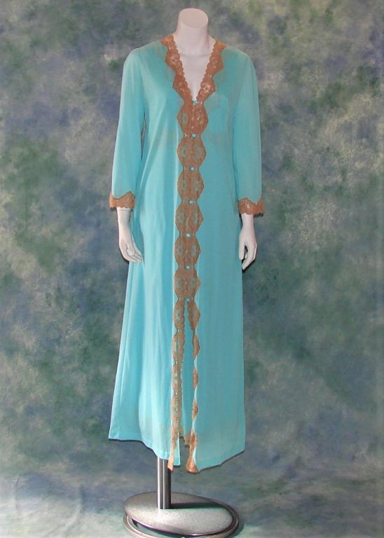 Emilio Pucci Nightgown and Robe Set, Italy: Emilio Pucci For Form Fit Rodgers, turquoise blue nightgown with lace detail, marked large 53" L x 40" B x 34" W Robe buttons all the way down the front, right pocket, is marked medium 57" L x 40" B L