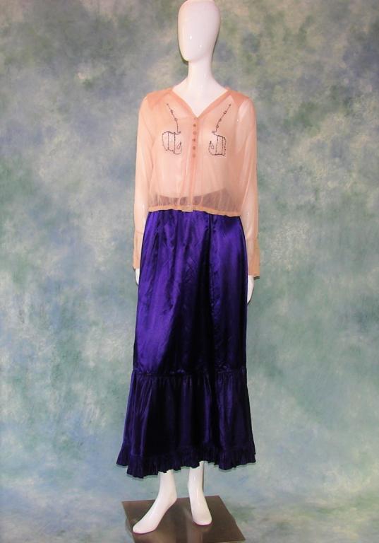 Modified Edwardian Silk Ensemble: This Edwardian was modified probably in the 1960s and made to have an elastic waist and a short metal zipper in the back, originally a bustle skirt. Trained skirt, very tiny knife pleats at the bottom