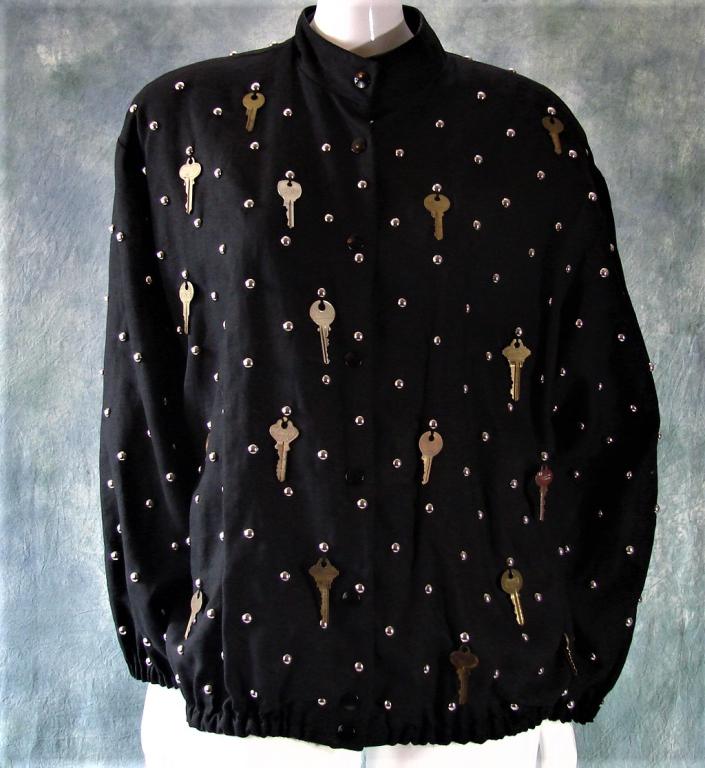 1980s, Studded Black Linen Jacket with Keys (1 of 5)