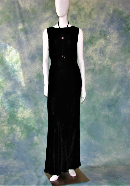 Vintage 1930w Velvet Bias Cut Dress: Measures 63" long, 38" bust, 32" waist. This velvet has some stretch to it, gathers at the waist, plunging open back, original belt is a silk velvet with rhinestone embellishments wear as a belt or ne