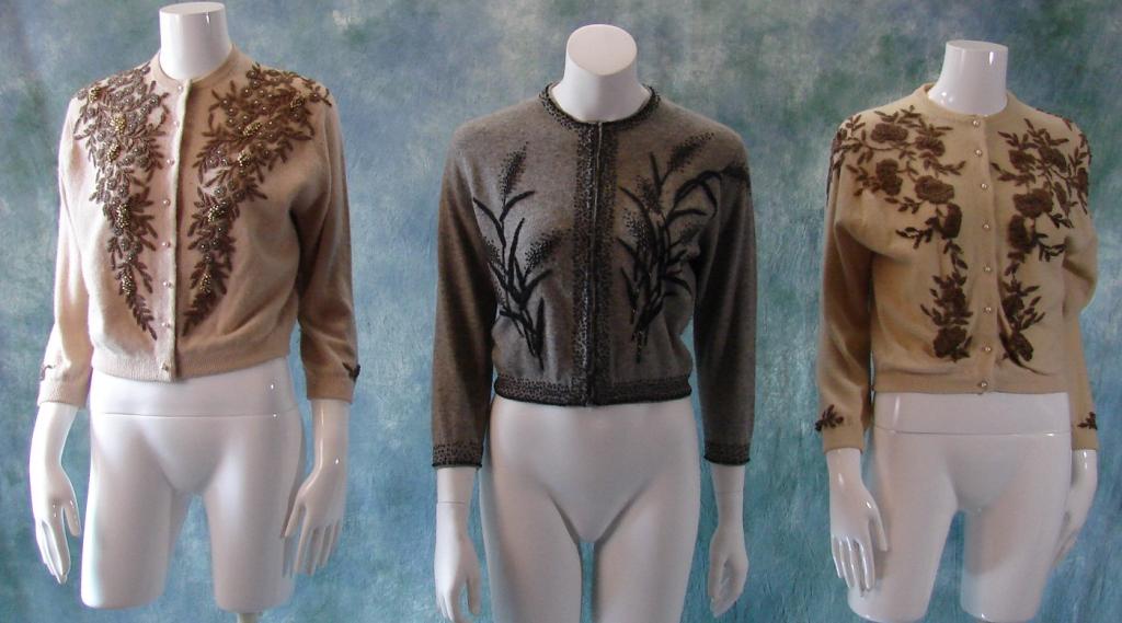 3 Mid Century Beaded Cardigans: All three are hand beaded by Dragon House of Hong Kong, all lined with silk, one has gold beading (creme colored), one has different colored gold beads (camel), one with black beads (grey and black),